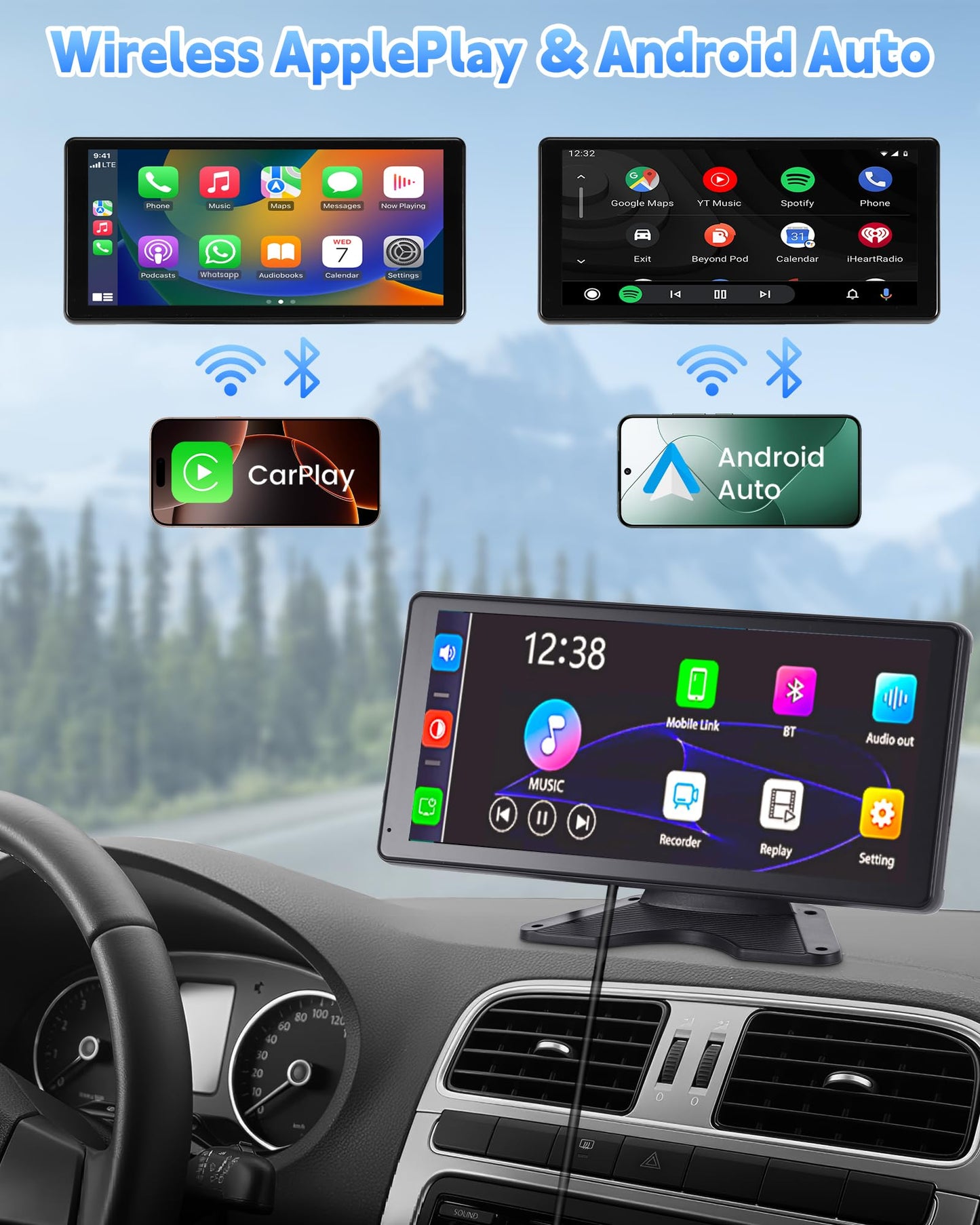 RV Camera System with CarPlay & Android Auto, 10.36'' Monitor with Blind Spot Detection/Parking Monitoring/Voice Control/DVR/Navigation, 4 1080P Backup Camera System for Semi Truck Trailer Camper