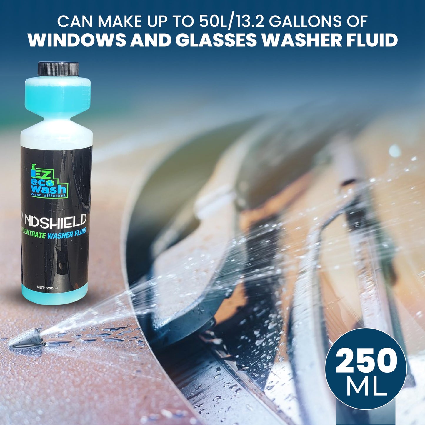 EZ eco wash Windshield washer fluid concentrate - 1:200 High-strength formula (250ml) with built-in pump - Removes dirt, bugs, and oil - safe for all surfaces, Ammonia-free