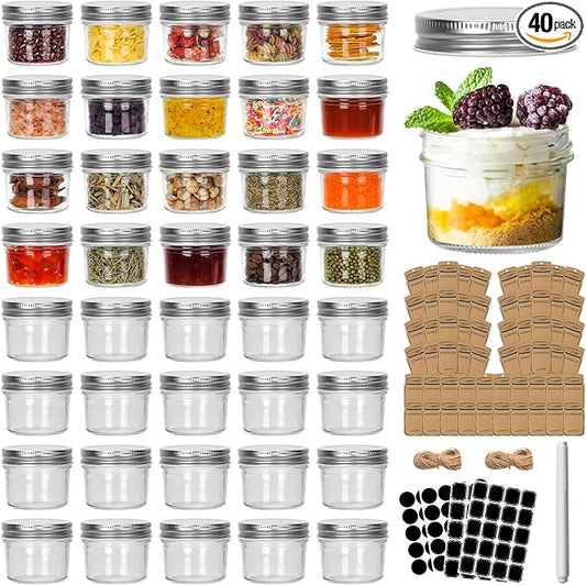 CycleMore 40 Pack 4oz Clear Mason Jars With One Piece Silver Lids, Mini Glass Canisters, Spice Bottles, Canning Jars for Honey, Jam, Jelly