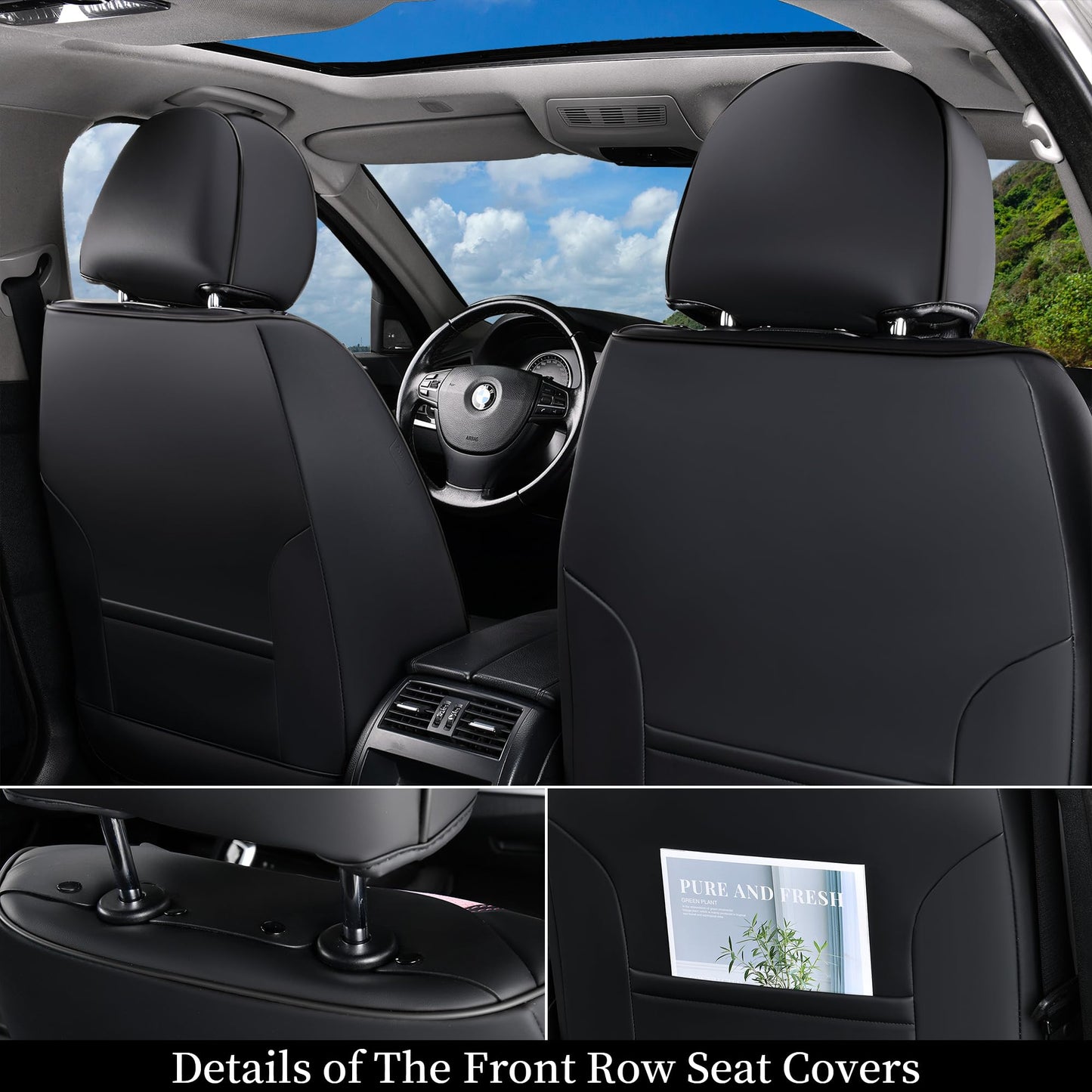 Coverado Car Seat Covers Full Set, 5 Seats Universal Seat Covers for Cars, Breathable Fabric& Faux Leather Auto Seat Cushions, Front and Rear Seat Protectors Fit for Most Sedans SUV Truck, Pink
