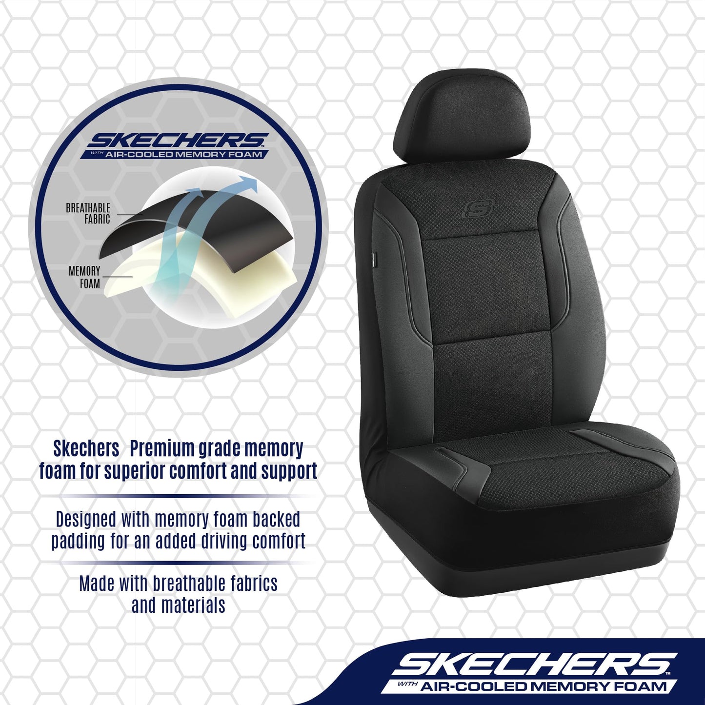 Skechers Memory Foam Leather Car Seat Covers, Air Cool Mesh Thick Seat Covers, Car Seat Covers Front Seats Airbag Compatible, Automotive Comfort for Most Cars, Vans, Trucks, SUV,Black