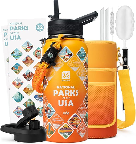 DYSANKY National Parks Water Bottle – 32 oz Insulated Stainless Steel Bottle with 63 Hand-Drawn Park Stickers, Carrier Bag, Strap & Gift Box – BPA-Free – Ideal for Hiking, Camping & Travel