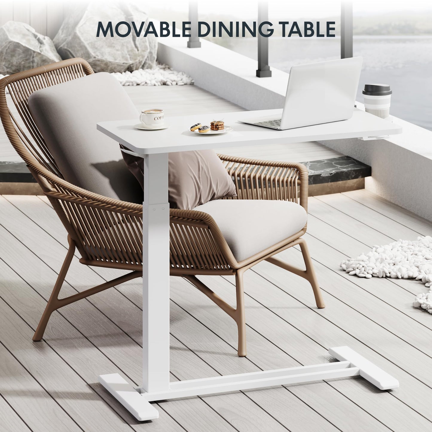 FLEXISPOT H7 Adjustable Overbed Bedside Table with Wheels Pneumatic Mobile Standing Laptop Desk Rolling Computer Cart Movable Overbed Table Hospital Home Use (31.5" W x 17.7" D, White Large)