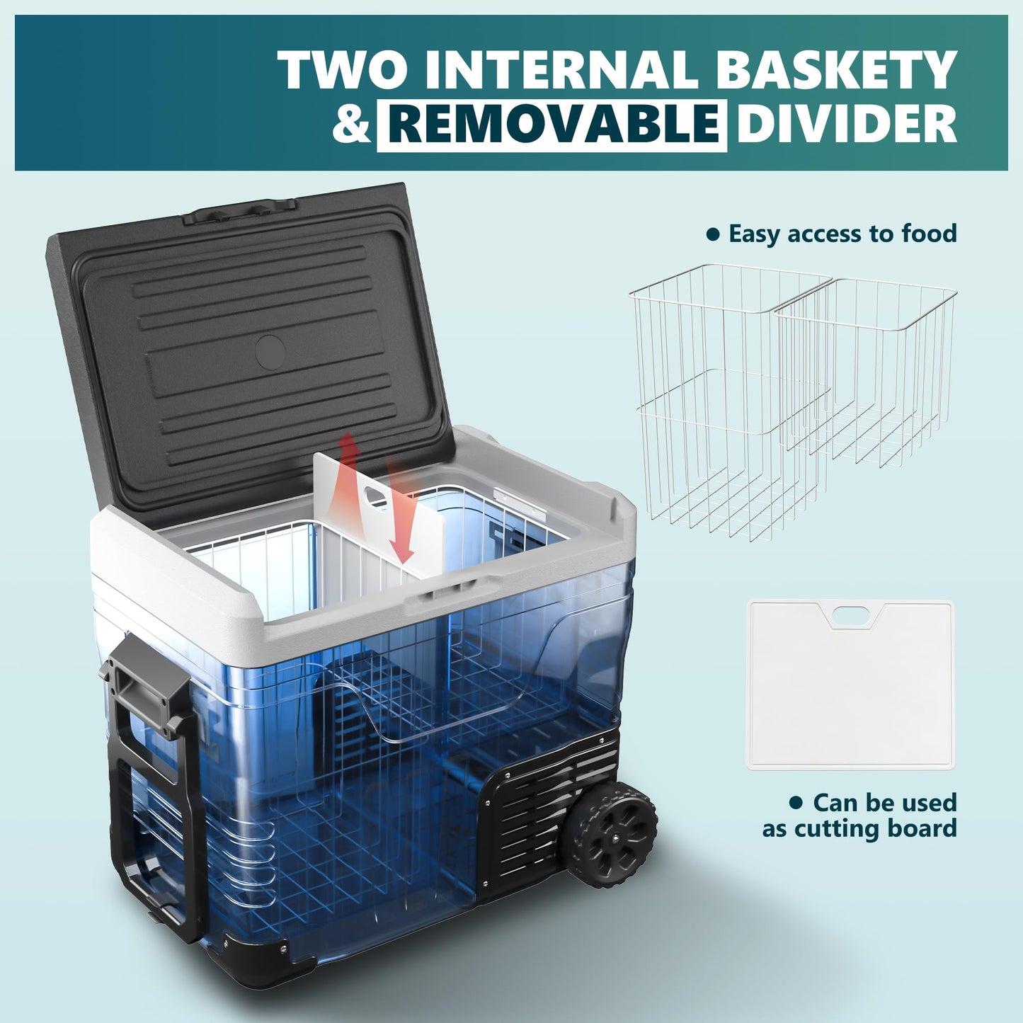 EUHOMY 12 Volt Refrigerator, 53QT(50L) Electric Cooler, Portable Freezer 12V/24V DC 100-240V AC, 12V Fridge -4℉~68℉, 12V Cooler with Wheels & 2 Baskets for Travel, Truck, Boat, Camping