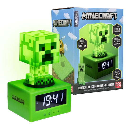 Paladone Minecraft Creeper Icon Alarm Clock - Creeper Glow Mode - Battery Powered - Kids Alarm Clock for Boys