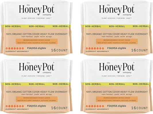 The Honey Pot Company - 64ct - Sanitary Pads for Women - Non-Herbal Heavy Overnight w/Wings - Organic Cotton Cover & Ultra-Absorbent Pulp Core - Feminine Care - FSA & HSA Eligible