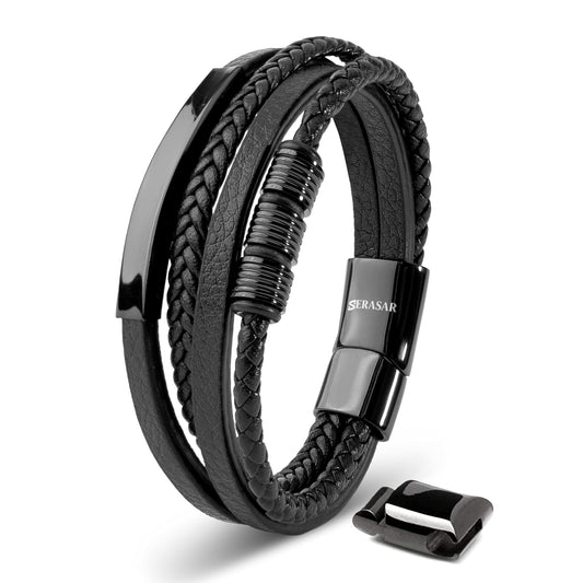 SERASAR Men's Leather Bracelet Magnetic Clasp Stainless Steel | Shining Genuine Cowhide Leather | Braided Style Bracelets | Jewellery Gift Box Included | Fashion Accessories For Men, 17cm, Stainless
