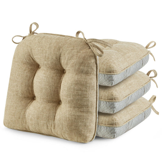 puredown® Chair Cushions for Dining Chairs, Tufted Memory Foam Chair Pads with Non-Slip Backing, Kitchen Seat Cushions with Ties, Washable Seat Pad Set of 4, 15.5" x 15.5" x 4", Khaki