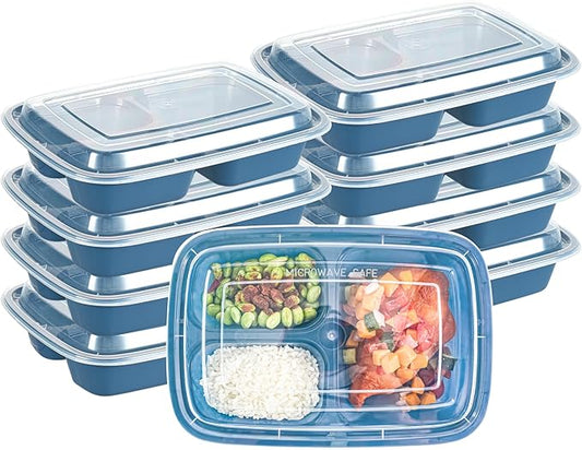 Asporto 26 Ounce Compartment Take Out Boxes, 100 Microwavable Meal Prep Containers - 3 Compartments, With Clear Plastic Lids, Midnight Blue Plastic Food Containers, Do Not Contain BPA - Restaurantware