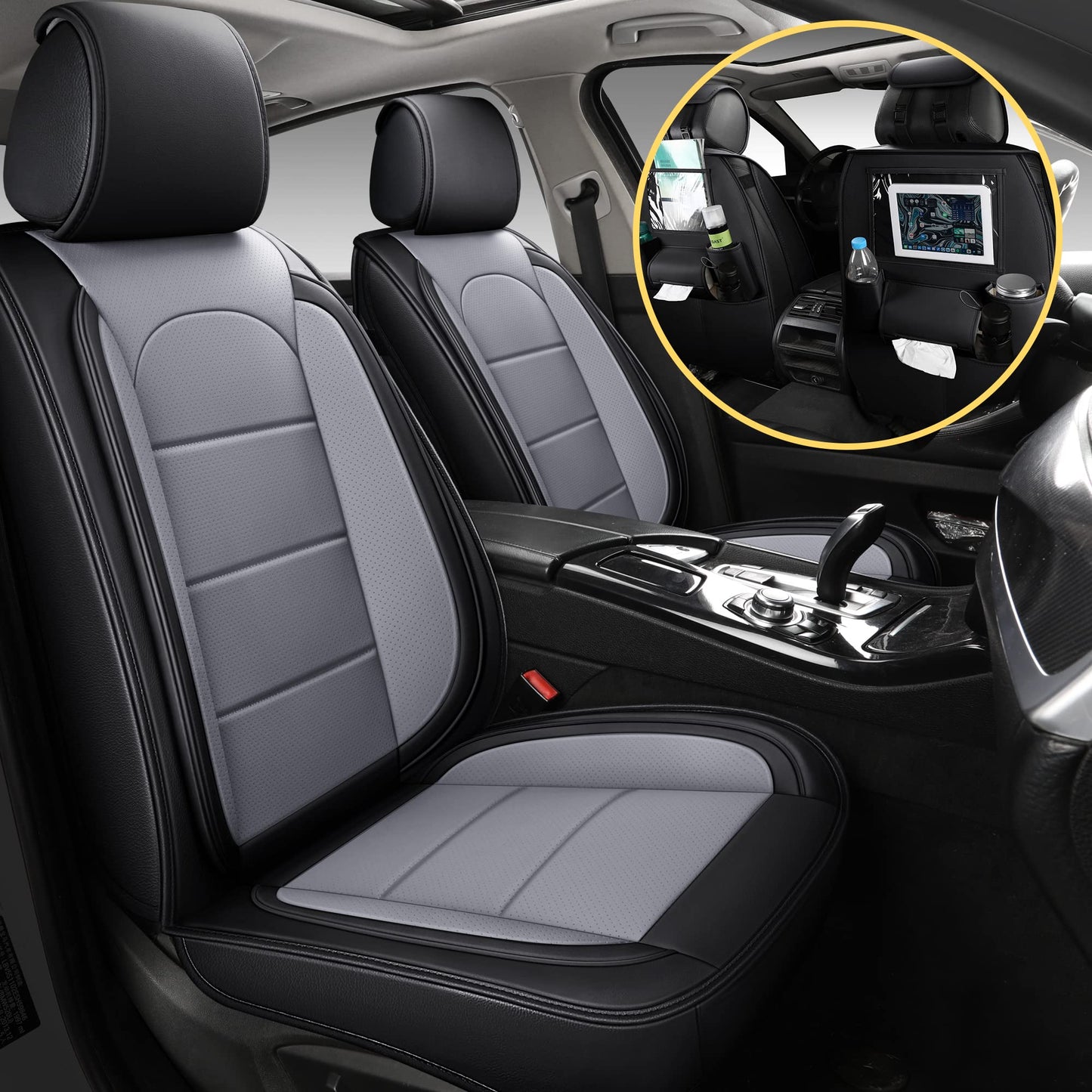 AOOG Leather Car Seat Covers with Car Backseat Organizer, Universal Automotive Vehicle Seat Cover for Most Sedan SUV Pick-up Truck, Full Set, Black&Grey