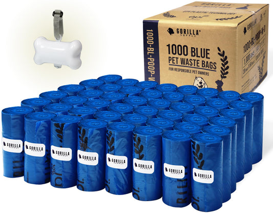 GORILLA SUPPLY 1000 Dog Poop Waste Bags with Dispenser and Leash Tie, 9" x 13", Blue, 1000 Count