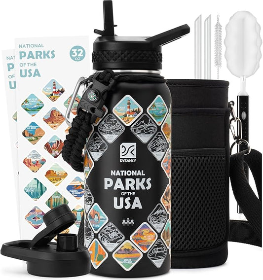DYSANKY National Parks Water Bottle – 32 oz Insulated Stainless Steel Bottle with 63 Hand-Drawn Park Stickers, Carrier Bag, Strap & Gift Box – BPA-Free – Ideal for Hiking, Camping & Travel