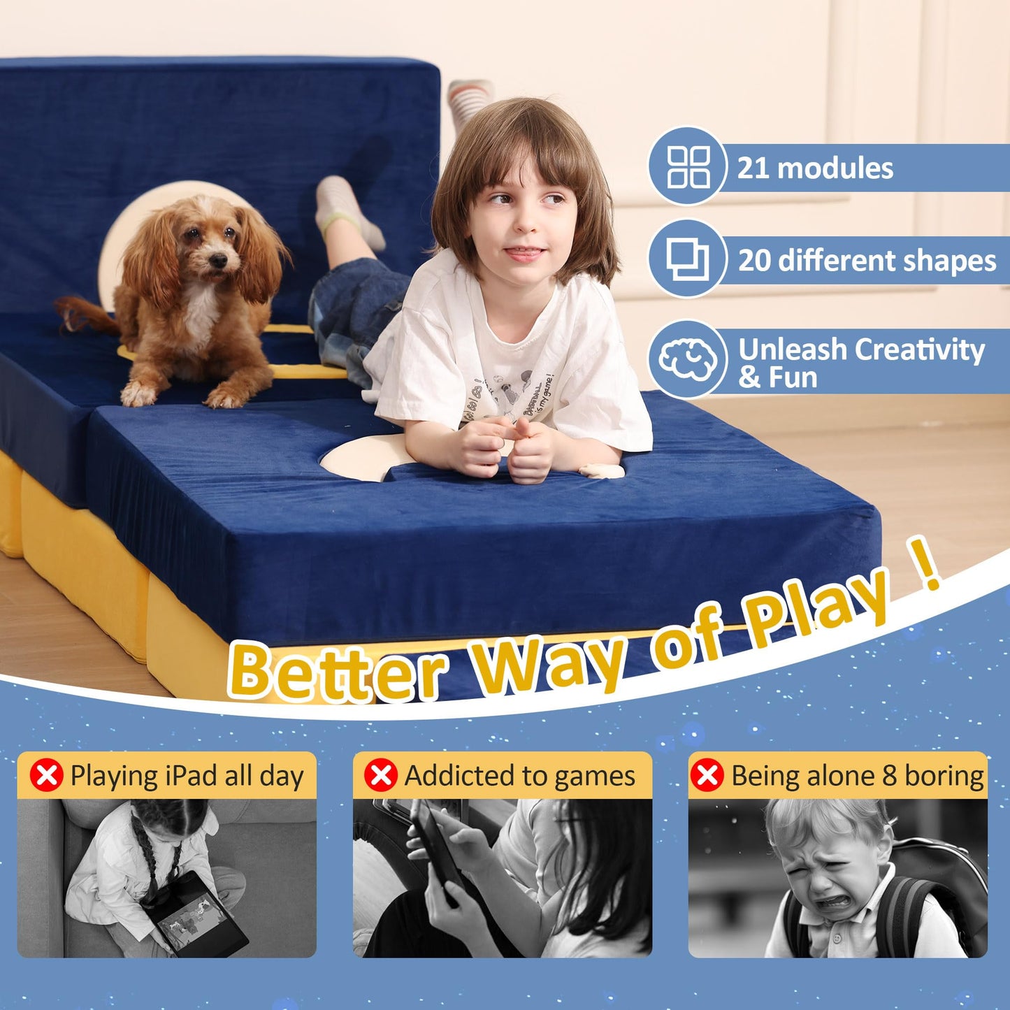 Erament 21PCS Modular Kids Play Couch - Universe Theme Toddler Couch Building Fort, Multifunctional Kids Sofa for Toddler to Teenagers, Playroom, Bedroom
