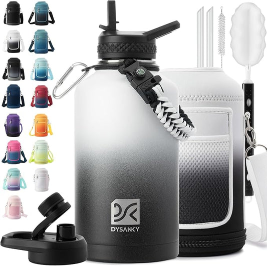 DYSANKY Insulated Water Bottle | Thickened Stainless Steel Vacuum Metal | Portable Sports Half Gallon Large Water Jug for Gym and Hiking with Straw, Carrier Bag, Handle Strap | BPA-Free 64 oz