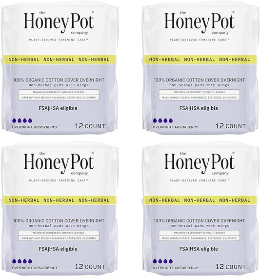 The Honey Pot Company - 48ct - Sanitary Pads for Women - Non-Herbal Overnight w/Wings - Organic Cotton Cover & Ultra-Absorbent Pulp Core - Feminine Care - FSA & HSA Eligible