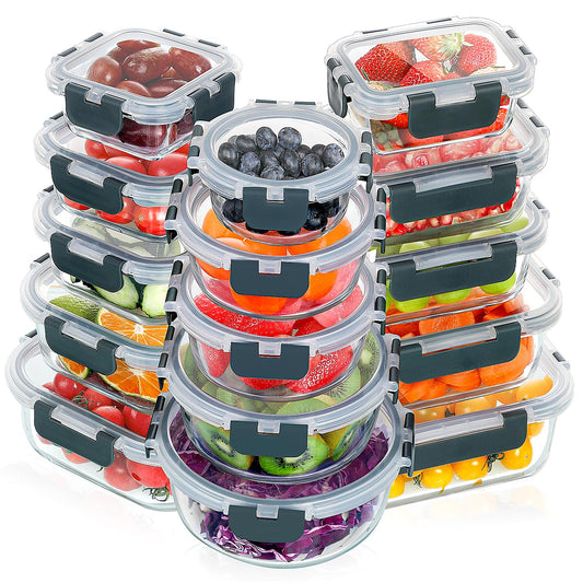 VERONES 30 Pieces Glass Meal Prep Containers Set, Stackable Glass Food Storage Containers with Lids-Airtight Glass Lunch Containers，for Microwave, Oven, Freezer & Dishwasher,Grey