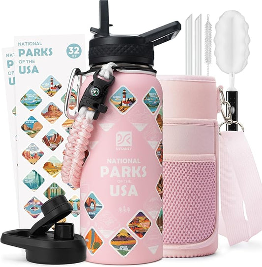 DYSANKY National Parks Water Bottle – 32 oz Insulated Stainless Steel Bottle with 63 Hand-Drawn Park Stickers, Carrier Bag, Strap & Gift Box – BPA-Free – Ideal for Hiking, Camping & Travel