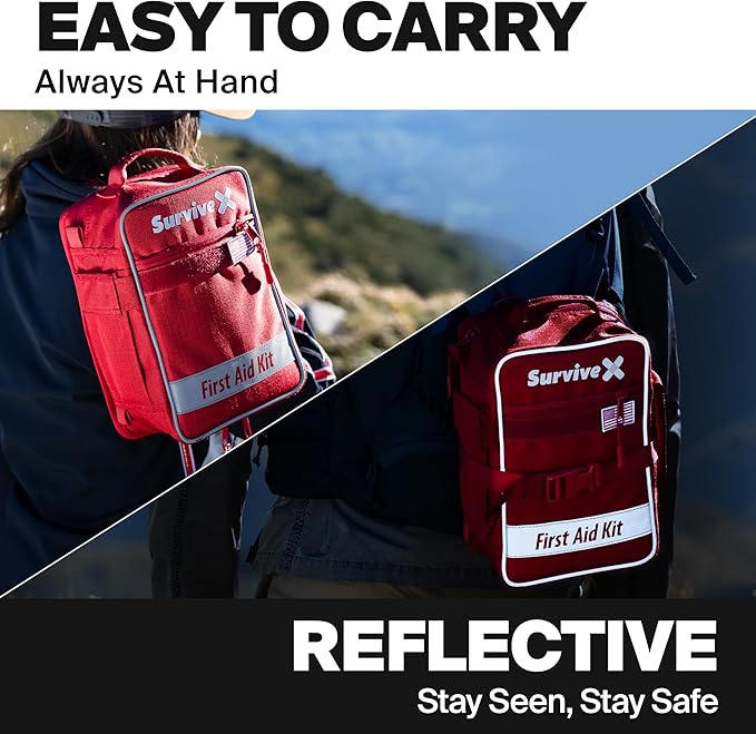 Large First Aid Kit for Car, Travel & Home - Emergency Kit for Hiking, Camping, Backpacking and Outdoors - Includes Zip Stitch Wound Closure Strips - FSA HSA Approved