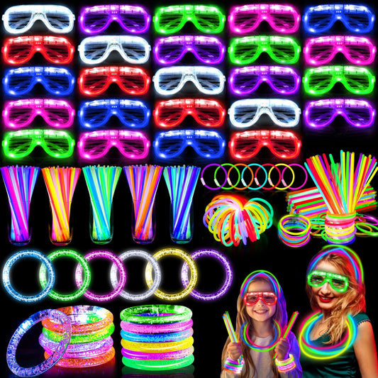 TURNMEON 148 PCS Glow in the Dark Party Supplies Light Up Toys with 24 Led Glasses, 24 Flashing Bracelets and 100 Glow Sticks Bulk Party Favors for Kid Birthday Wedding Carnivals Concert Halloween