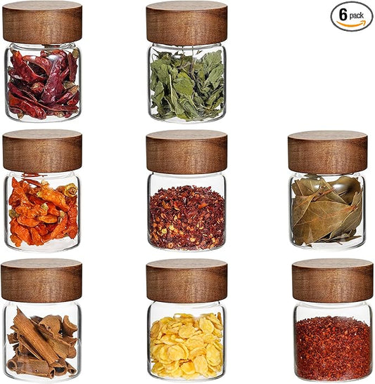 4 oz Glass Spice Mason Jars with Screw Wood Lid 8 pcs Airtight Small Glass Jars Seasoning Herb Containers Food Storage Canister for Sugar Coffee Bean Ground Pantry Cookies Salt (4oz(118ml)*8 pack)