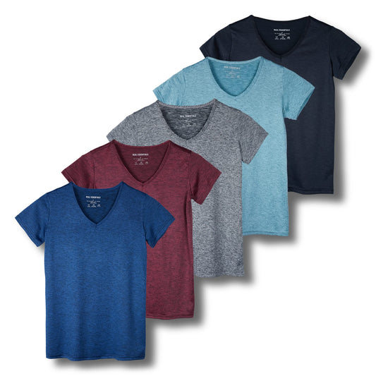 Real Essentials Womens V Neck T-Shirt Ladies Yoga Top Athletic Tees Active Wear Gym Workout Zumba Exercise Running Essentials Quick Dry Fit Dri Fit Moisture Wicking Basic Clothes, Set 8, S, Pack of 5