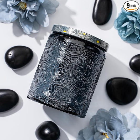 Art Secret 9-Pack 8oz Embossed Glass Candle Jars with Lids and Labels - Sun Moon Stars Design (Gray)