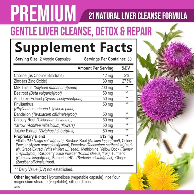 Liver Cleanse Detox & Repair Supplement – 21 Herb Formula with Milk Thistle, Dandelion, Artichoke, Chicory Root & Beet – Natural Liver Support for Detox & Wellness – Non-GMO, Vegan – 60 Capsules
