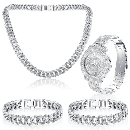 Huquary 4 Pcs Hip Hop Jewelry Set Cuban Link Chains Bling Rhinestone Watch for Man Artificial Diamond Necklace Bracelet Watch(Silver)