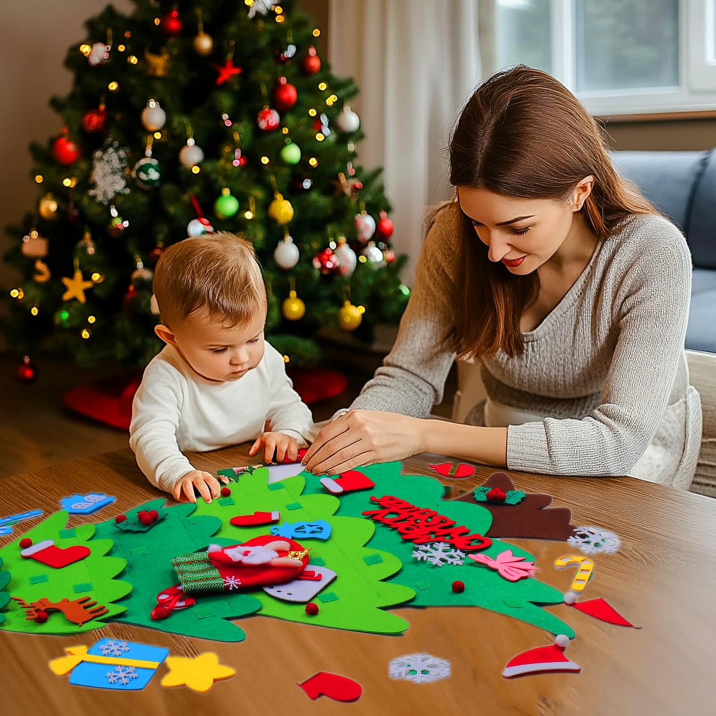 BABORUI Felt Christmas Tree for Kids with Christmas Stockings, Xmas Wall Hanging Ornaments Decorations with String Light for Toddlers, for Kids