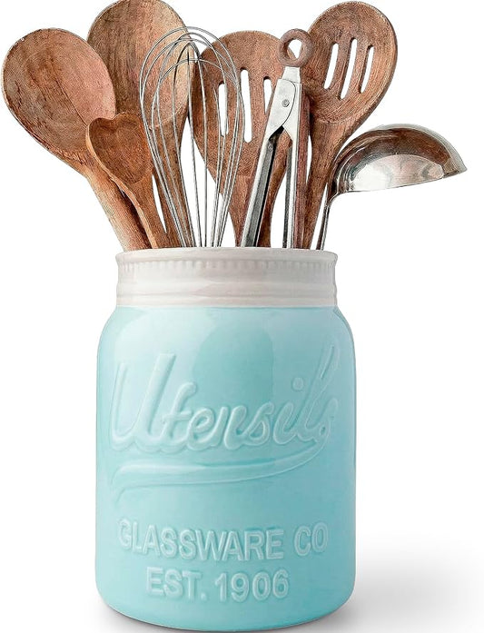 Comfify Wide Mouth Mason Jar Utensil Holder Decorative Kitchenware Organizer Crock, Dishwasher Safe - Kitchen Caddy Aqua Blue for Countertop, Large Size 7" Hight