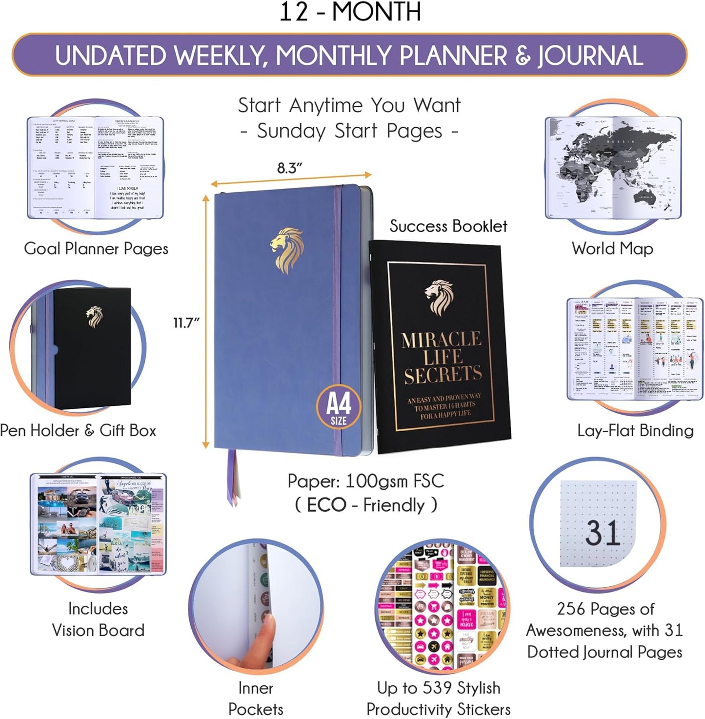 Hourly Planner - Undated Daily, Weekly & Monthly Planner with Budget Section | A 12 Month Journey to Increase Productivity & Happiness | Life Organizer & Gratitude Journal - Vertical Format