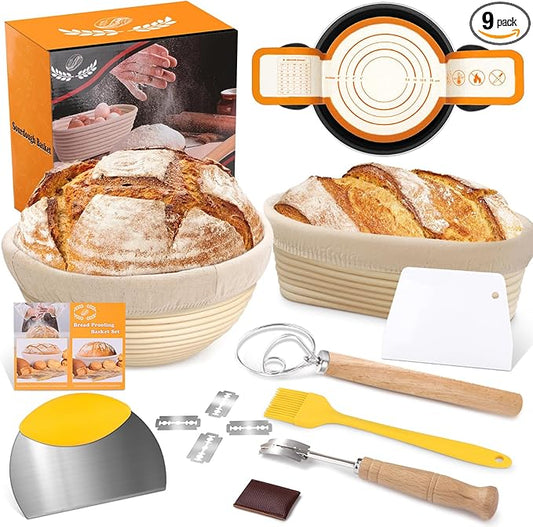 Banneton Basket Set of 2, 10" Oval & 9.7" Round Banneton Bread Proofing Basket with Liners, Bread Lame, Silicone Baking Mat, Danish Whisk, Brush, Proofing Bowls Sourdough Starter Kit Tools