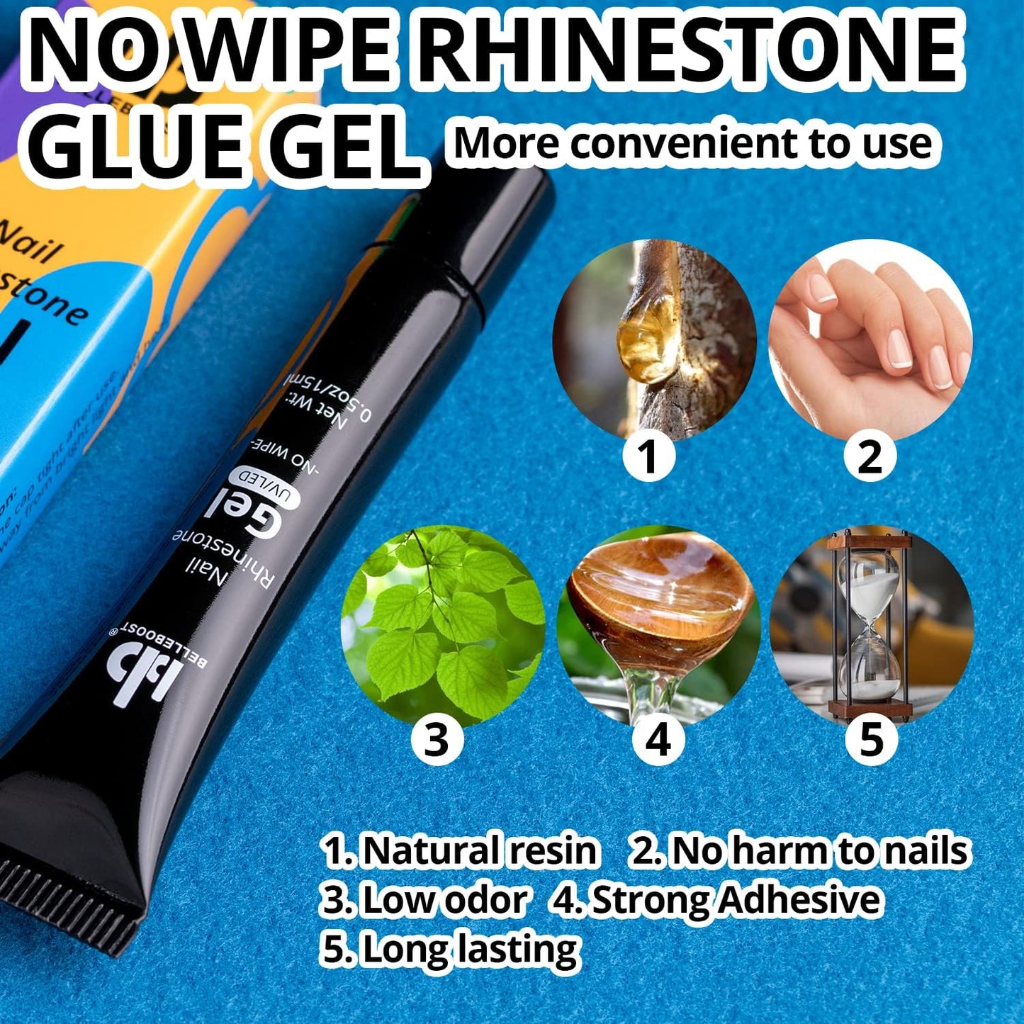 Nail Art Rhinestone Glue Gel&Flatback Gems Accessories Kit, 1 Tube of 15ml Rhinestone Gel Glue(UV/LED Needed)+1 Box of Flat-Back Half Round Beige AB Pearls with Pickup Pencil and Tweezer