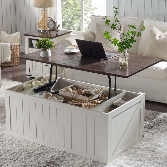 IFGET 48" Lift Top Coffee Table, Farmhouse Cocktai with Sliding Groove Barn Door, Rustic Wood Center Table w/Double Storage Spaces for Living Room, White