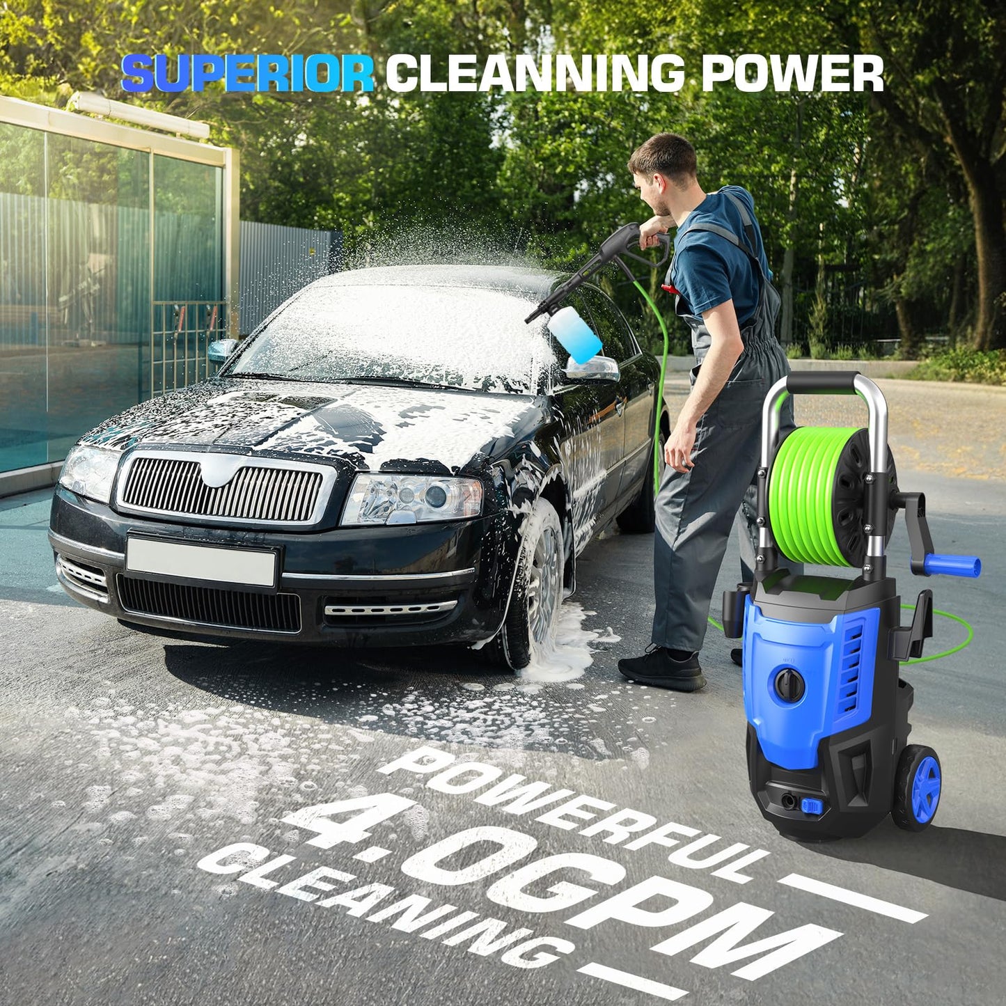 4800 PSI Pressure Cleaner- 4.0 GPM High Power Cleaner with 33FT Hose Reel, 4 Spray Tips and Soap Bottle for Car Washing, Fence Cleaning, Patio Maintenance（Upgraded）(Blue)