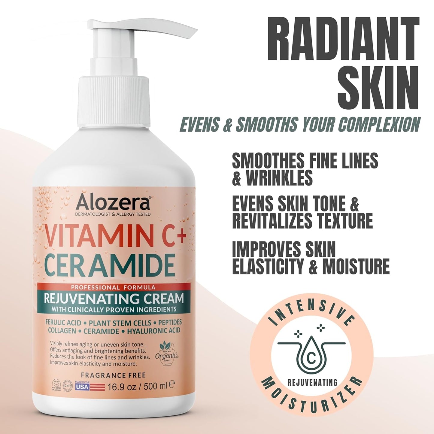 Vitamin C Body Lotion with Ceramides & Stem Cells, Anti-Aging Moisturizer Cream for Noticeably Youthful, Even Skin Tone, Lightweight, Fragrance-Free, 16.9 oz
