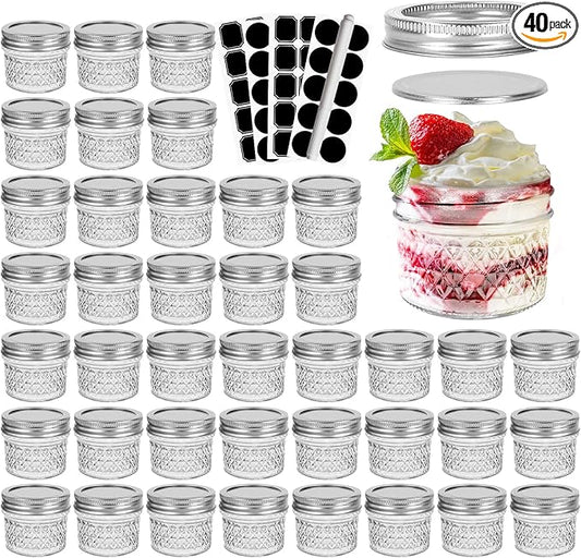 CycleMore 40 Pcs 4oz Clear Glass Mini Mason Jars With Silver Separable Lids and Diamond appearance, Small Spice Canning Jars for Honey, Jam, Jelly, Wedding Favors, Kitchen Food Storage