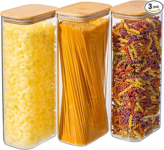 71oz 3PCS Rectangle Spaghetti Pasta Storage Containers with Lids, Tall Pantry Containers, Glass Tight Food Storage Jars with Lids for Penne, Macaroni, Lasagna, Fusilli, Cereal, Flour, Oats