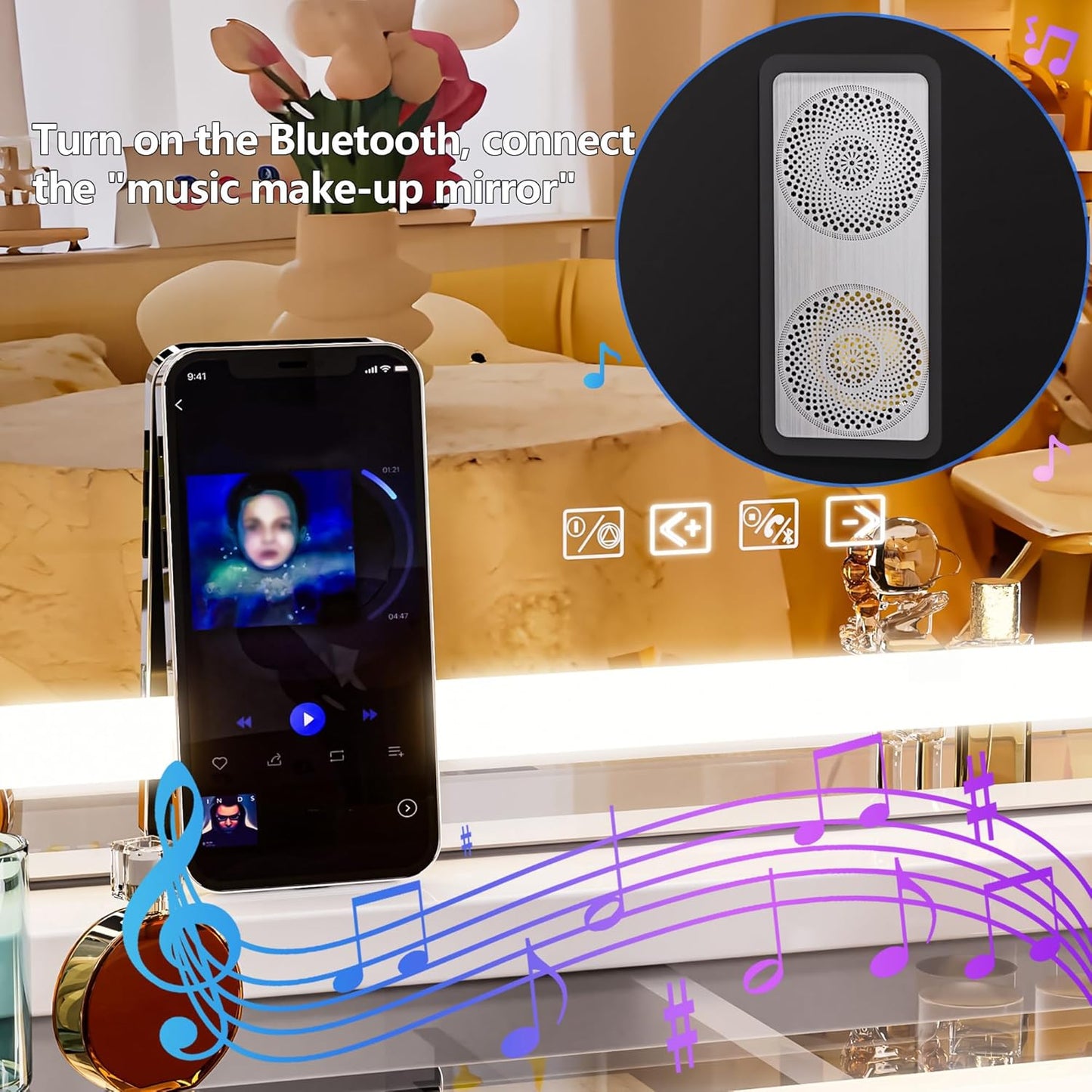 Hasipu Vanity Mirror with Lights and Bluetooth Speaker, 32" x 21.7" LED Makeup Mirror, Lighted Makeup Mirror with Dimmable 3 Modes, USB Charging Port, Round White
