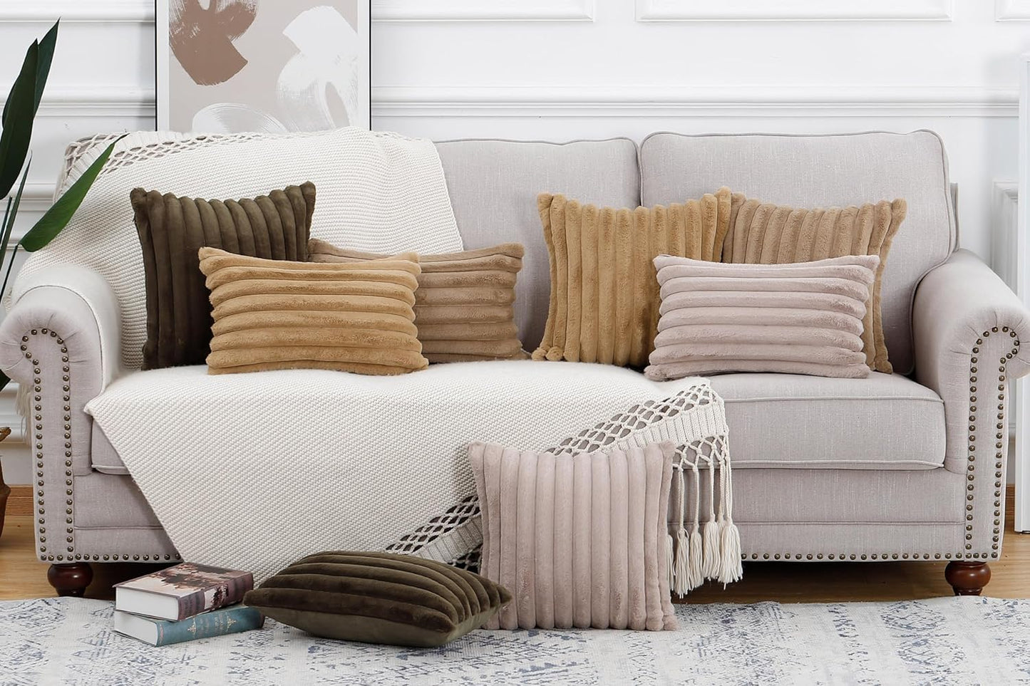 MADIZZ Set of 2 Faux Wool Plush Decorative Throw Pillow Covers 18x18 Inch Brown Fluffy Striped Soft Decorative Cushion Cover for Sofa Bedroom Pillow Shell