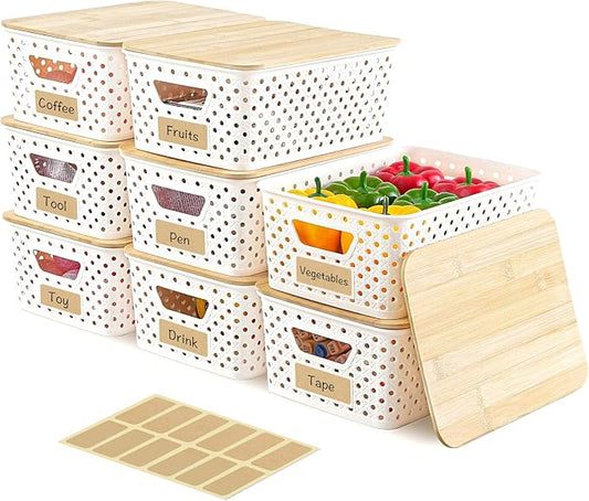 8 Pack Plastic Storage Bins with Bamboo Lids - Stackable Storage Baskets with Handle for Pantry Organizer and Storage, Plastic Containers Bins Lidded Storage Bins for Classroom Office Shelves