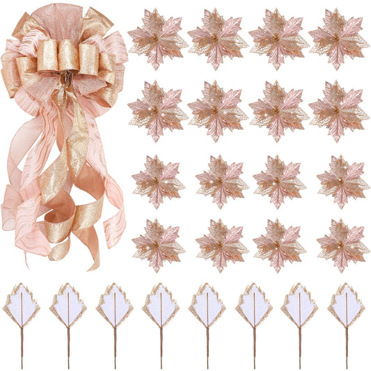 Syhood Christmas Tree Topper Decorations 34x12 Inch Large Christmas Bows Tree Ornaments and 24 Pcs Christmas Tree Flowers for Christmas Holiday Party Decorative(Rose Gold)