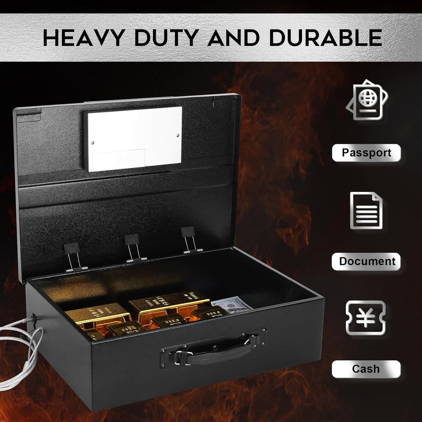 Dalmbox Portable Metal Safe Box with Digital Code Lock,Fire Resistant Storage for Documents, Fireproof Safe Box, Lock Box with Electronic Keypad, Car, Home, Office and Outside, Black XXL