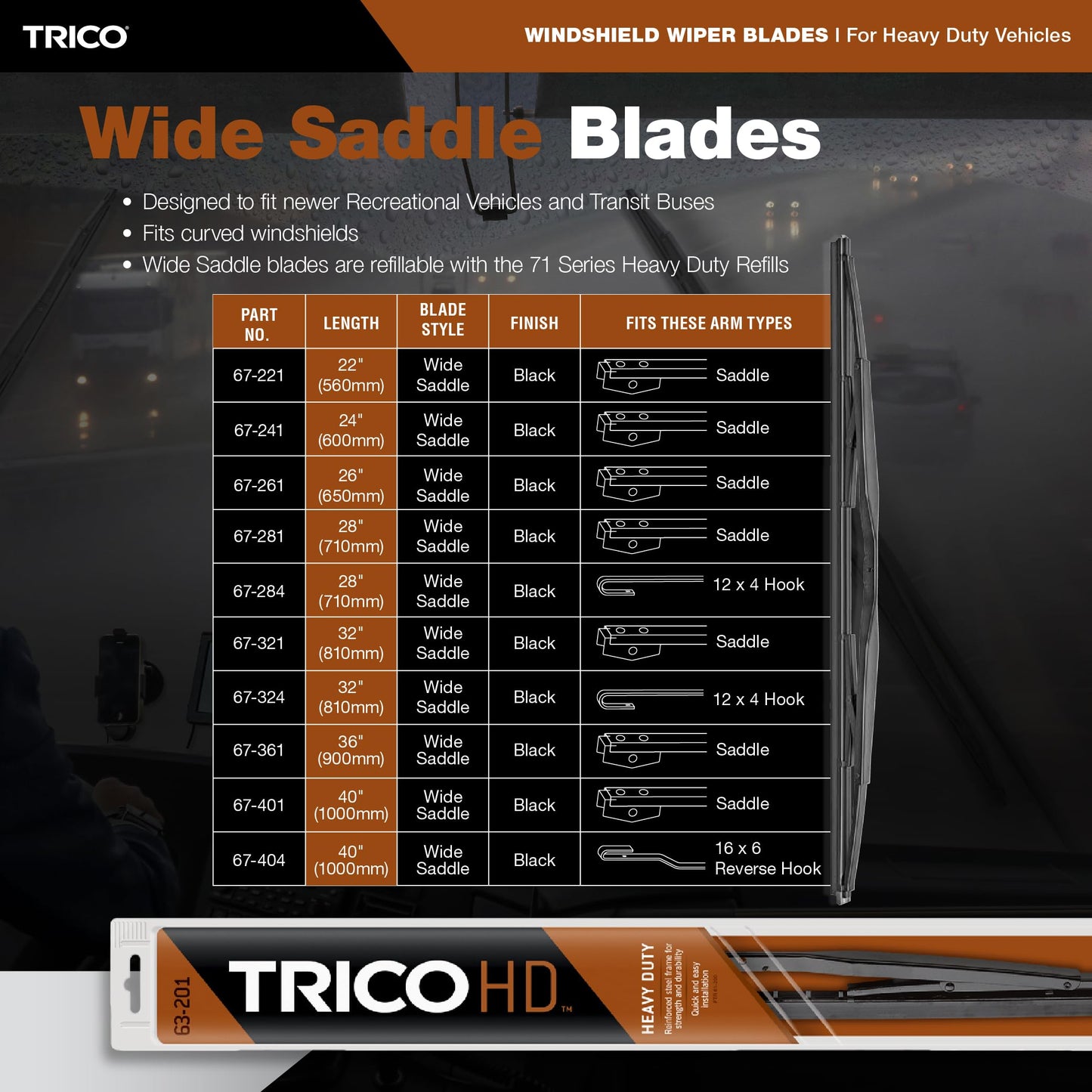 Trico RV 36 Inch Pack of 2 Heavy Duty & Automotive Replacement RV Windshield Wipers w/Wide Saddle Attachment (67-3636-1)