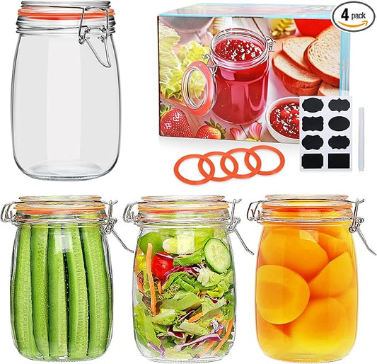 32 oz Wide Mouth Mason Jars with Airtight Hinged Lids, Large Glass Jar with Lid for Pickling, Fermentation, Canning, Food Storage – Set of 4 Glass Storage Containers