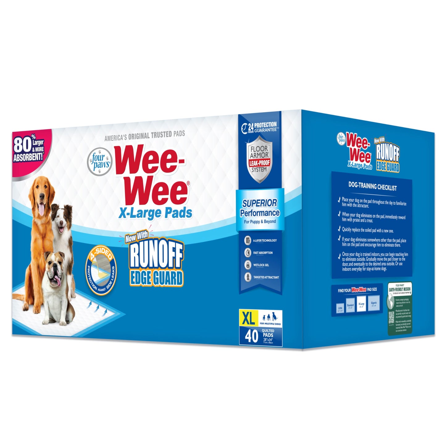 Four Paws Wee-Wee Superior Performance Unscented Extra-Large Pee Pads for Dogs & Puppies, Quilted Leak-Proof Dog Housebreaking Potty Training Floor Protection, 28" x 34", 40 Count