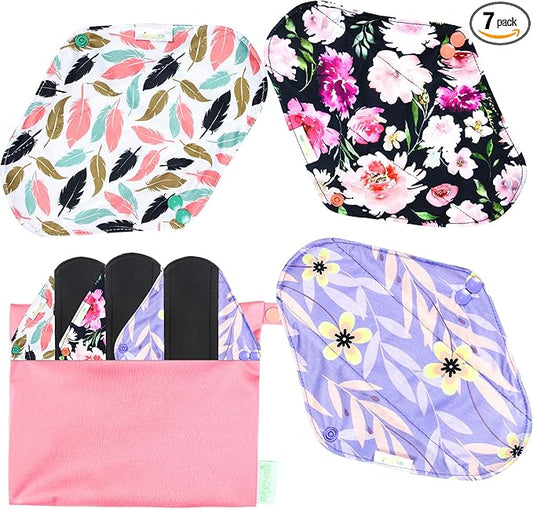 Wegreeco Reusable Menstrual Pads - Soft Cloth Sanitary Pads & Panty Liners - 6 Pack with 1 Cloth Mini Wet Bag (Large, Flower 02)