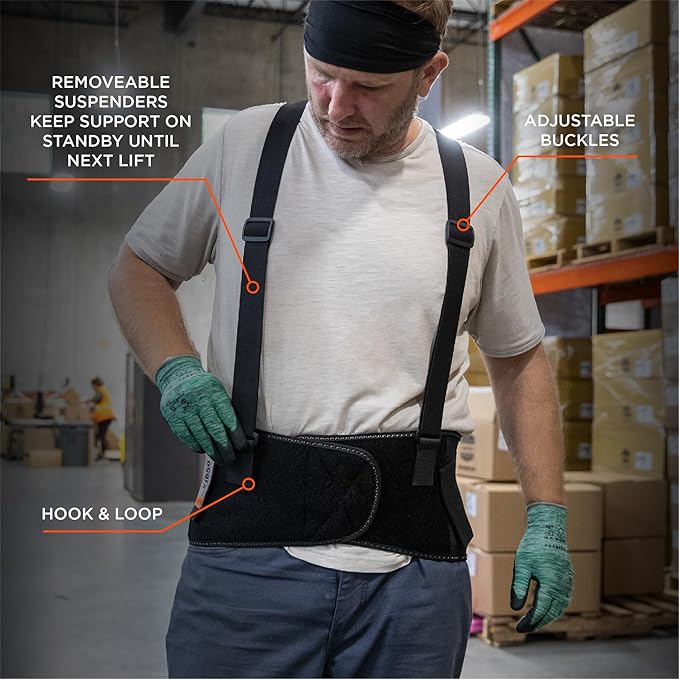 Ergodyne ProFlex 1650 Back Support Belt, 7.5" Elastic, Adjustable, Removeable Straps, Black, Medium