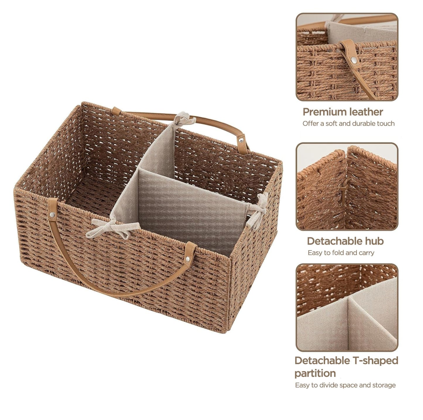 HBlife Large Baby Diaper Caddy Organizer, Paper Rope Storage Baskets Nursery Bin with Removable Divider, Portable Car Organizer for Diapers, Baby Shower Gifts, Newborn Essentials Must Haves