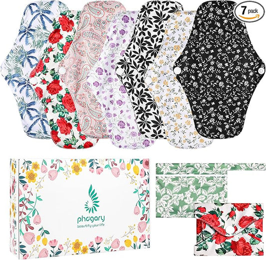 PHOGARY 7 Packs Reusable Menstrual Pads, Breathable Mesh Surface Cloth Sanitary Pads for Heavy Flow with Wet Bag, Washable Overnight Cloth Panty Liners with Wings for Women